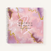 バラ色の金箔グリッターアゲート モノグラム ビジネス ノートブック (正面)