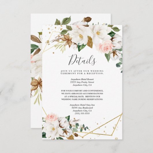 バラ色の金色幾何学模様と白のマグノリアの花 エンクロージャーカード (正面/裏面)