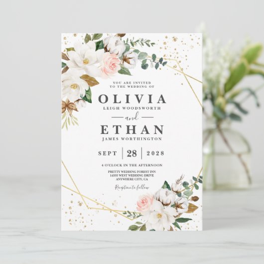 バラ色の金色幾何学模様と白のマグノリアの花 招待状 (スタンド正面)