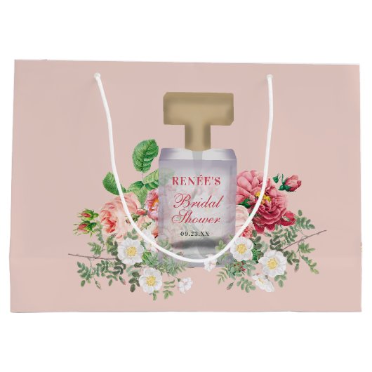 バラ色の香水瓶の花のブライダルシャワー ラージペーパーバッグ (裏面)