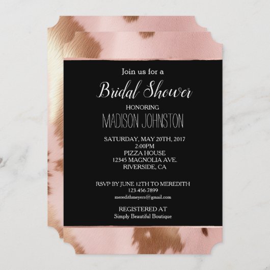 バラ色ゴールドカウガールカウハイド 招待状 (正面/裏面)