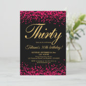バラ色ピンクとブラック ローズゴールド グリッター 誕生日 招待状 (スタンド正面)