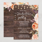 バラ色ピンクと桃の花模様の木製 卒業パーティー 招待状 (正面/裏面)