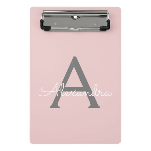 バラ色ピンクグレー モダンスクリプト ガーリー モノグラム 名前 ミニクリップボード (正面)