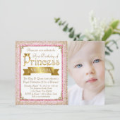 バラ色ピンクゴールドプリンセス1歳誕生日パーティー 招待状 (スタンド正面)
