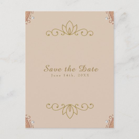バラ色ピンク&ゴールドパール エレガント シック セーブ・ザ・デート 案内ポストカード (正面)