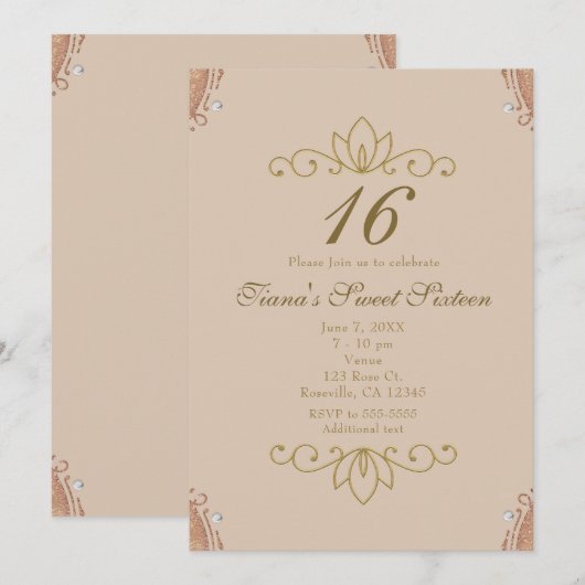 バラ色ピンク＆ゴールドホワイトパールエレガント招待状 招待状 (正面/裏面)