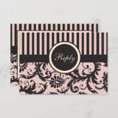 バラ色、クリーム色、グレー ストライプ ダマスク 返信カード (正面/裏面)