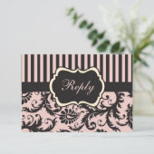 バラ色、クリーム色、グレー ストライプ ダマスク 返信カード 招待状 (スタンド正面)