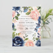 バラ色 & ネイビー 手描き水彩花模様 招待状 (スタンド正面)