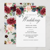 バラ色 ワインレッド 花 モダン ゴールド 装飾 結婚式 招待状 (正面/裏面)