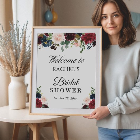 バラ色 ワインレッド 青 花柄 ブライダルシャワー サイン