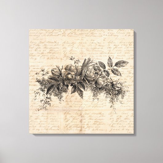 バラ花ヴィンテージアートスクリプト背景 キャンバスプリント (正面)