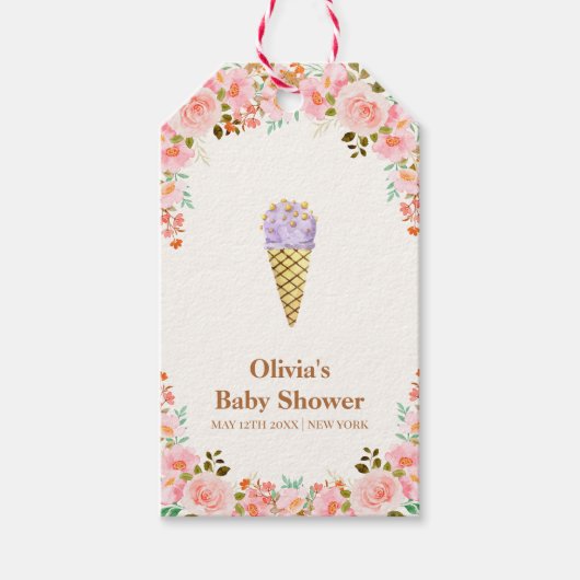 バラ花園スクープアイスクリームベビーシャワー ギフトタグ (正面)