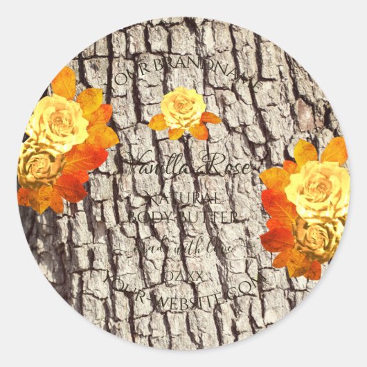 バラ花製品ラベル天然木目 ラウンドシール (正面)