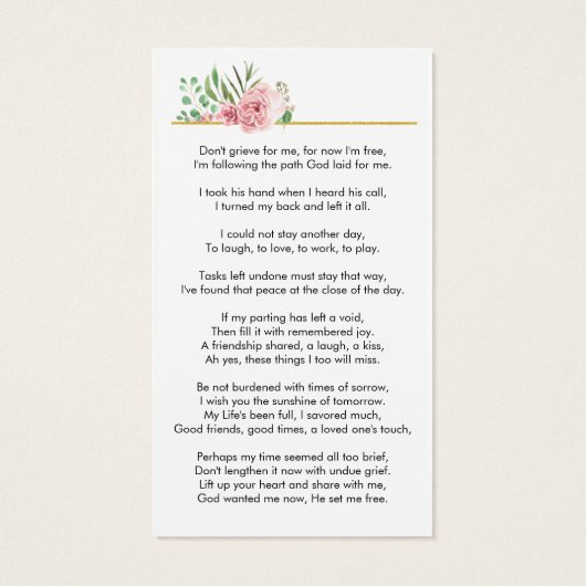 バラ葬儀記念写真悔やみや弔慰祈りの言葉カード (裏面)