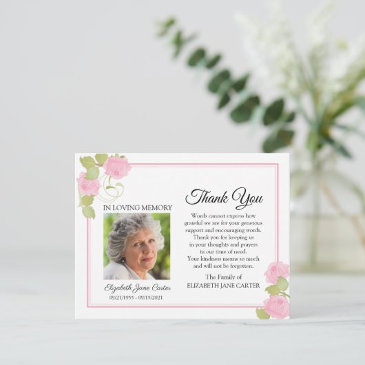 バラ葬礼ありがとうフォトノートカードピンク サンキューカード (スタンド正面)