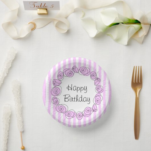 バラ薄紫円ストライプ誕生日 ペーパーボウル (ウェディング)