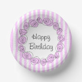 バラ薄紫円ストライプ誕生日 ペーパーボウル (正面)