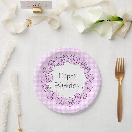 バラ薄紫円チェック誕生日丸 ペーパープレート (ウェディング)