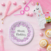 バラ薄紫円チェック誕生日丸 ペーパープレート (パーティー)