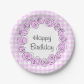 バラ薄紫円チェック誕生日丸 ペーパープレート (正面)