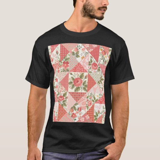 バラ蝶シームレスパッチワーク Tシャツ (正面)