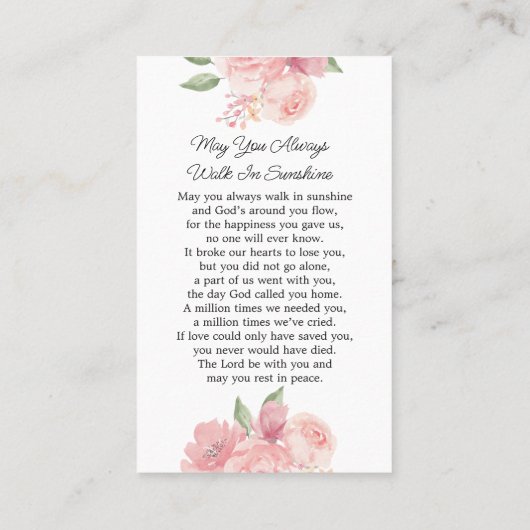 バラ記念写真葬式祈りの言葉カード 名刺 (裏面)