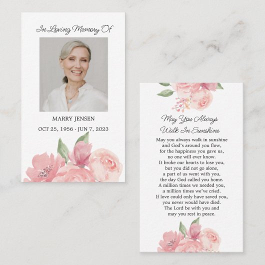 バラ記念写真葬式祈りの言葉カード 名刺 (正面/裏面)