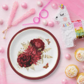 バラ赤金ゴールドフローラ蝶 ペーパープレート (パーティー)