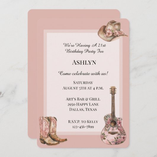 バラ赤面ウェスタン女性のカーボーイフローラギター誕生日 招待状 (正面/裏面)