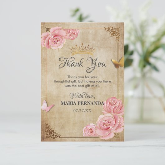 バラ赤面ピンクバタフライクラウン金ゴールドキンセアニェラ サンキューカード (スタンド正面)