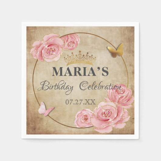バラ赤面ピンクバタフライクラウン金ゴールドキンセアニェラ スタンダードカクテルナプキン (正面)