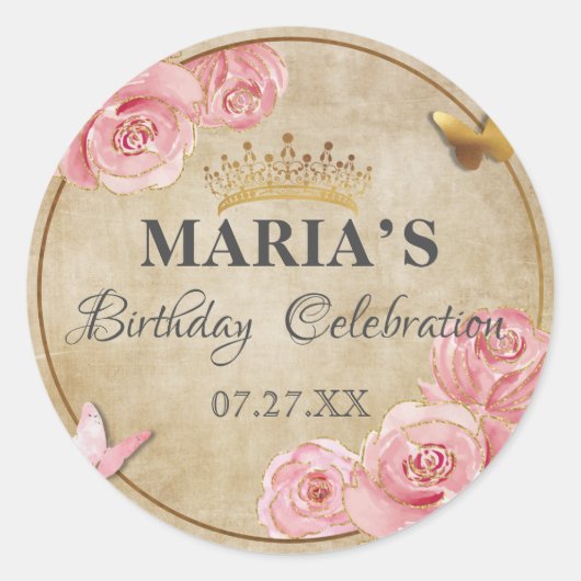 バラ赤面ピンクバタフライクラウン金ゴールドキンセアニェラ ラウンドシール (正面)