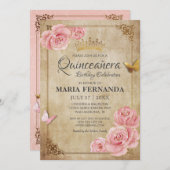 バラ赤面ピンクバタフライクラウン金ゴールドキンセアニェラ 招待状 (正面/裏面)