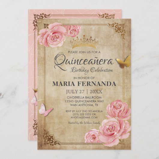 バラ赤面ピンクバタフライクラウン金ゴールドキンセアニェラ 招待状 (正面/裏面)