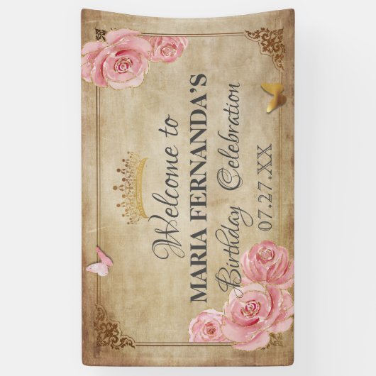 バラ赤面ピンクバタフライクラウン金ゴールドキンセアニェラ 横断幕 (縦)