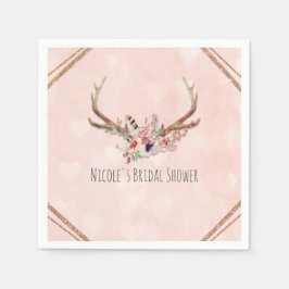 バラ赤面ピンクフローラディアー〔雄ジカの〕枝角ボホシック スタンダードカクテルナプキン