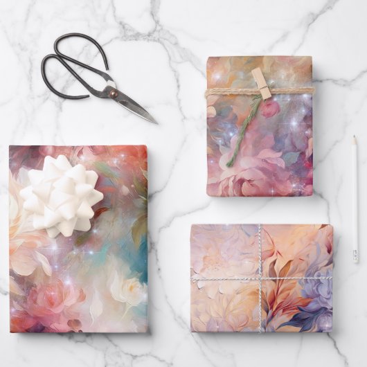 バラ赤面ピーチオレンジフローラ ラッピングペーパーシート (正面)