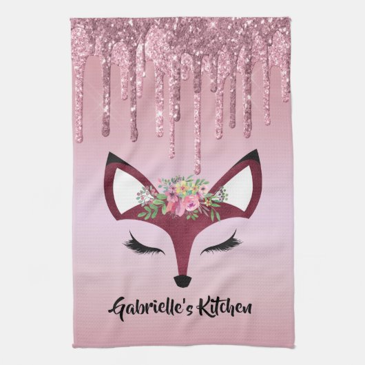 バラ赤面絵を描グリッターガーリーキツネ キッチンタオル (縦)