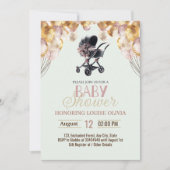 バラ赤面金ゴールドベビーカーグリッターガールベビーシャワー 招待状 (正面)