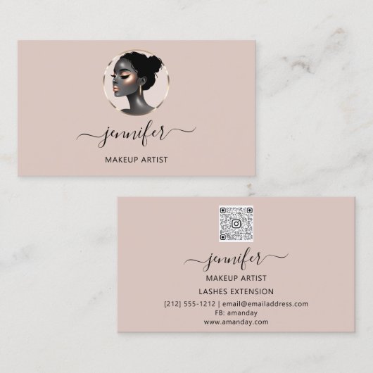 バラ赤面金ゴールドメイクアップアーティストロゴマークQRコード 名刺 (正面/裏面)