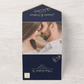 バラ金とネイビーブルーの特別な結婚式 オールインワン招待状 (外側)