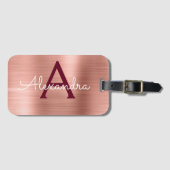 バラ金ゴールドおよびブルゴーニュ研磨金属モノグラム ラゲッジタグ (正面横)