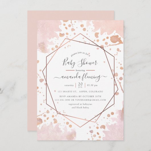 バラ金ゴールドおよび赤面ピンク幾何学赤ちゃんシャワー 招待状 (正面/裏面)
