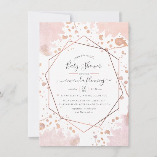 バラ金ゴールドおよび赤面ピンク幾何学赤ちゃんシャワー 招待状 (正面)