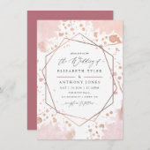 バラ金ゴールドおよび赤面幾何結婚図形 招待状 (正面/裏面)