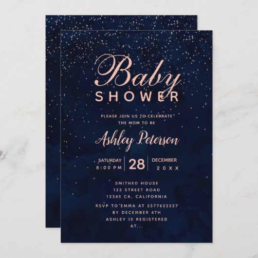 バラ金ゴールドがネービーブルーウォーターカラーベビーシャワーを演奏 招待状 (正面/裏面)