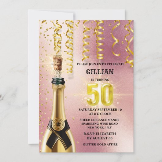 バラ金ゴールドきらめくグリッターきらめく 招待状 (正面)