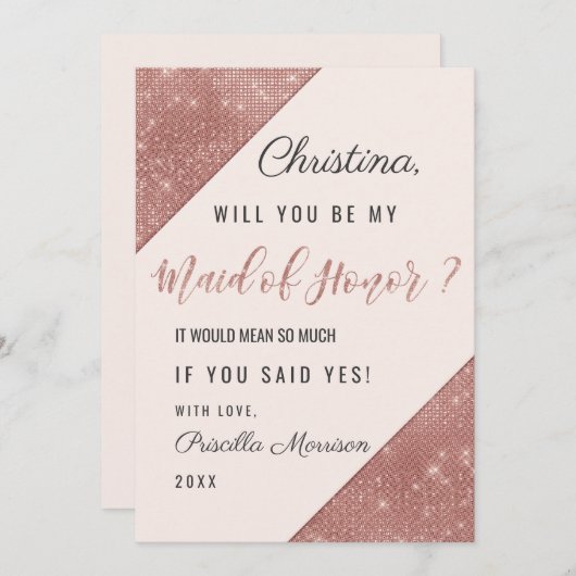 バラ金ゴールドきらめくグリッターシークインメイド・オブ・オーナー（花嫁付き添い人） 招待状 (正面/裏面)